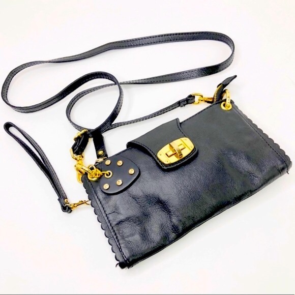 BLACK leather gold toned hardware crossbody wristlet - Picture 12 of 12